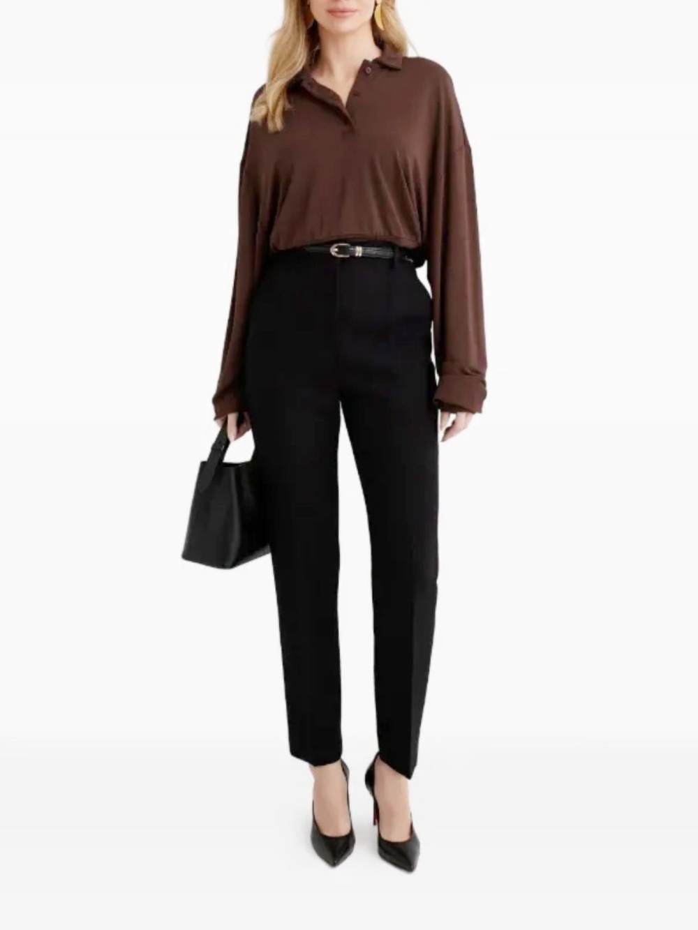 Aya Muse Women's Chocolate Brown Cropped  Blouse Collared Polo Shirt Size M